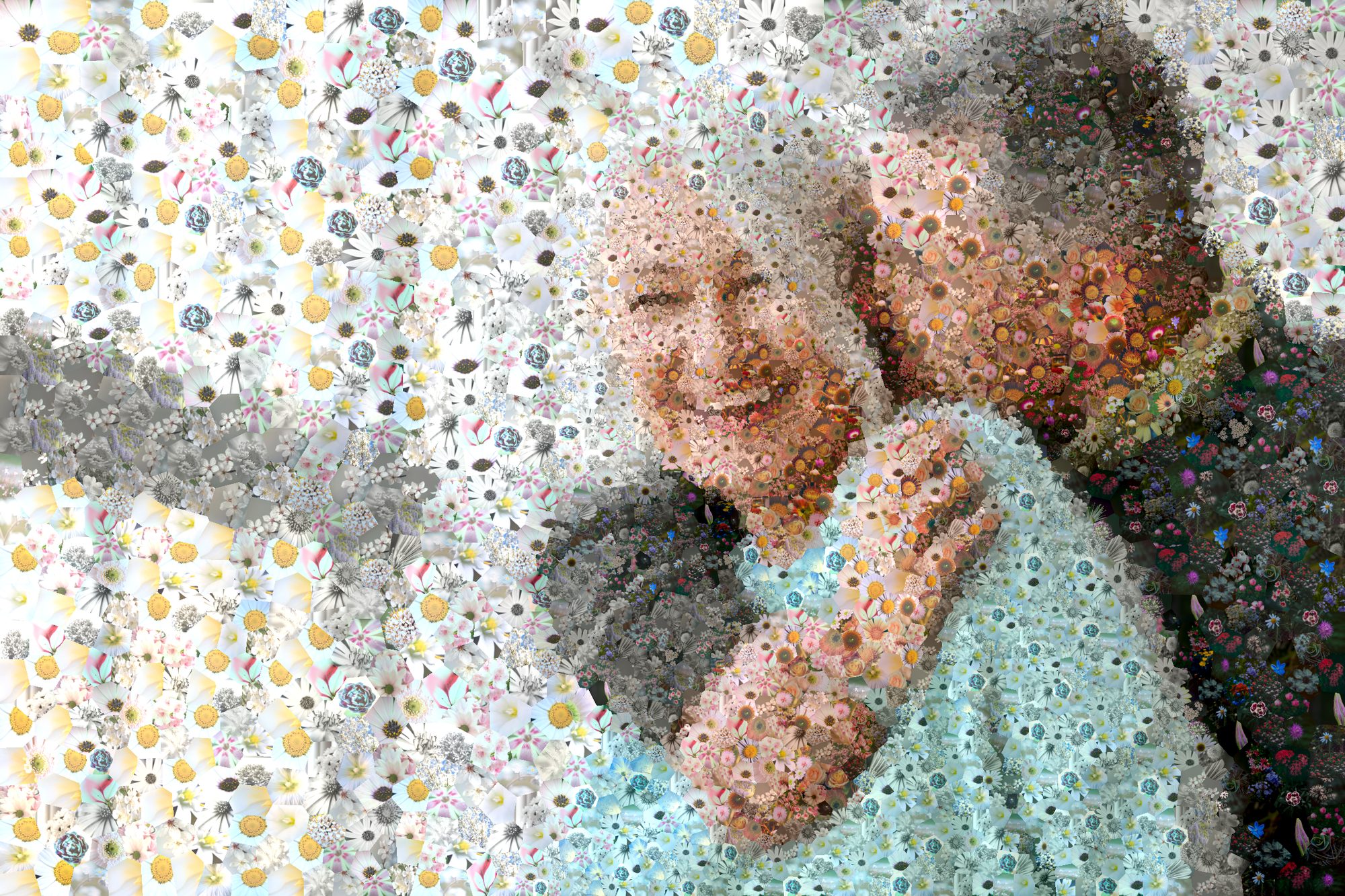 Organic photo mosaic of a laughing couple, composed of hundreds of flower photographs