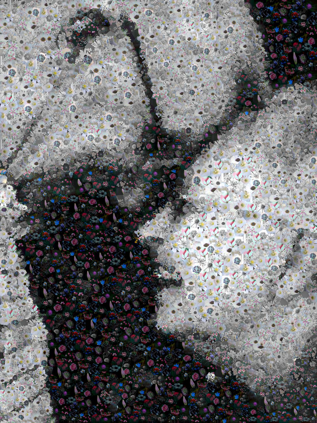 Black and white remembrance photo mosaic of an elderly couple laughing together